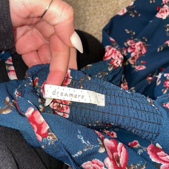 Dreamers maxi dress Navy blue floral print tie chest SZ SM V-neck top beach - Picture 10 of 10